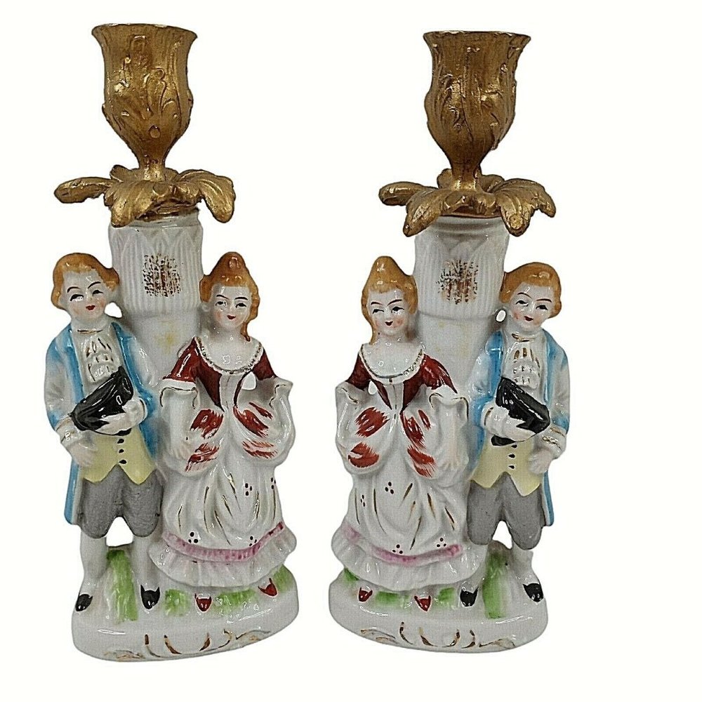 Vintage Victorian Man Woman Candle Holders 9" Nasco Del Coronado Japan Set of 2
